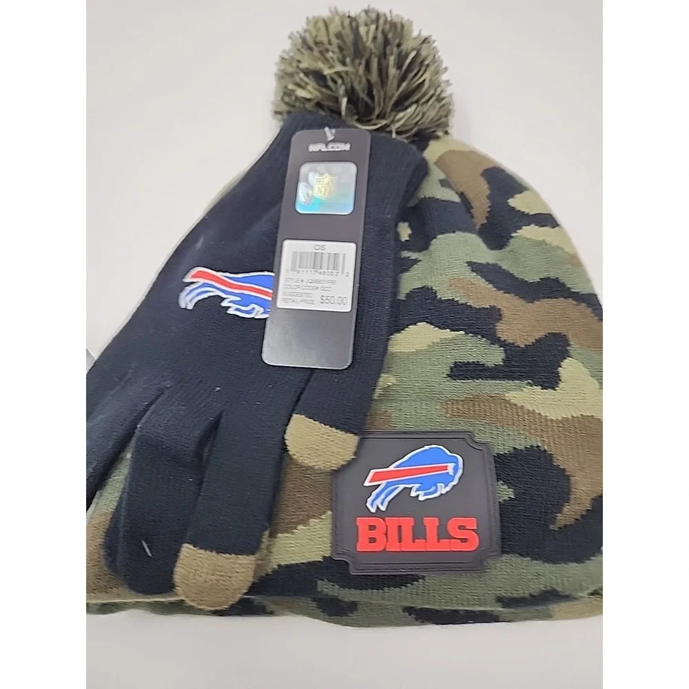 NFL Salute To Service Green Camo Beanie Hat & Gloves Set Buffalo Bills